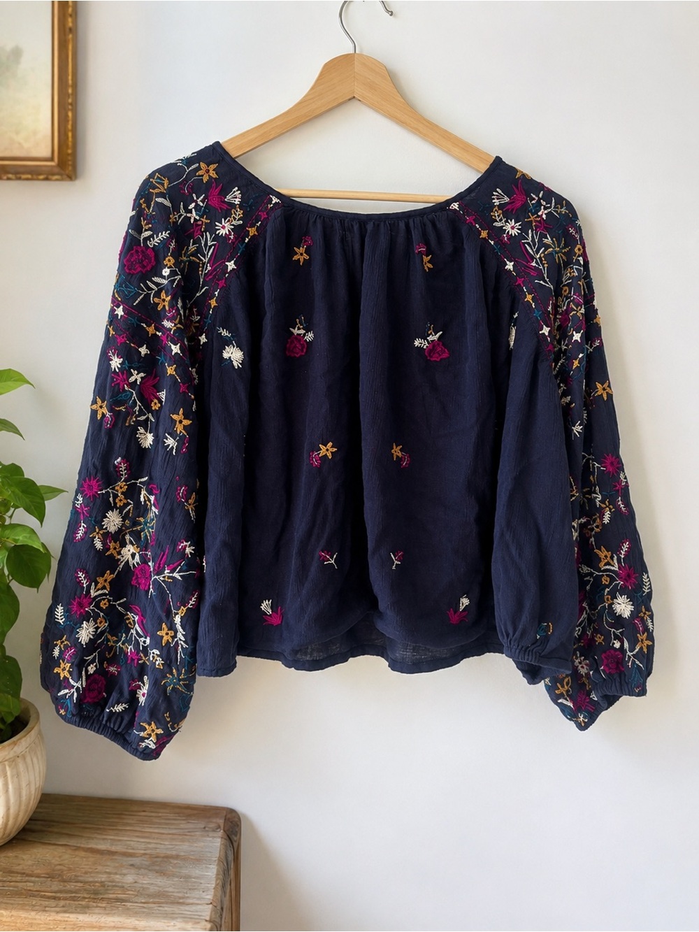 Free People Navy Embroidered Boho Peasant Blouse Floral Top